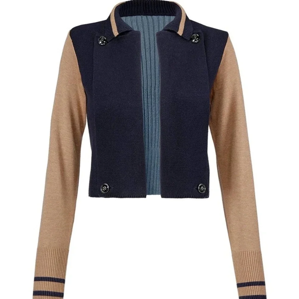 Cabi Varsity Cardigan Small Navy Blue Tan Academia Ribbed Knit Preppy Blazer Top